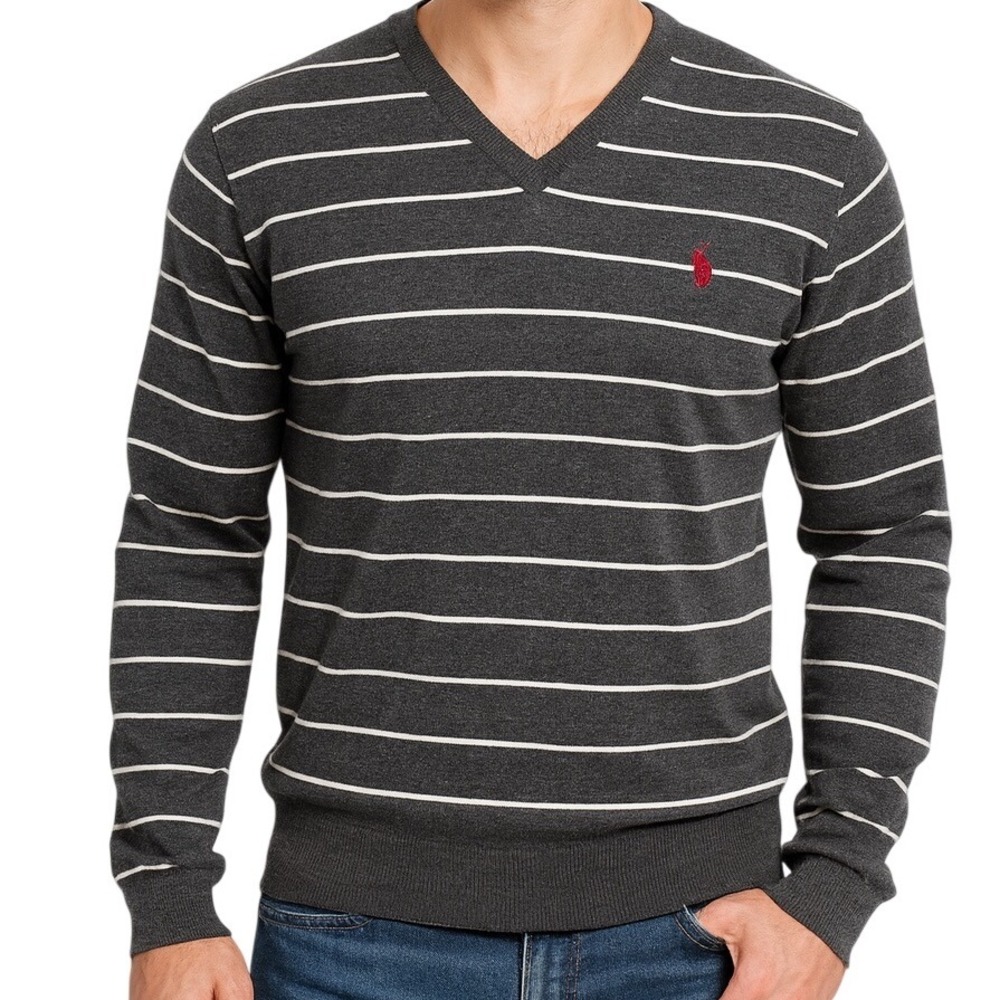Polo Ralph Lauren V Neck Sweater 100% Pima Cotton XL Gray White Stripe Academia‎